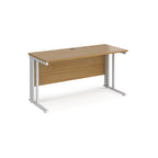 Office desk with wood-effect top and white metal legs on a white background