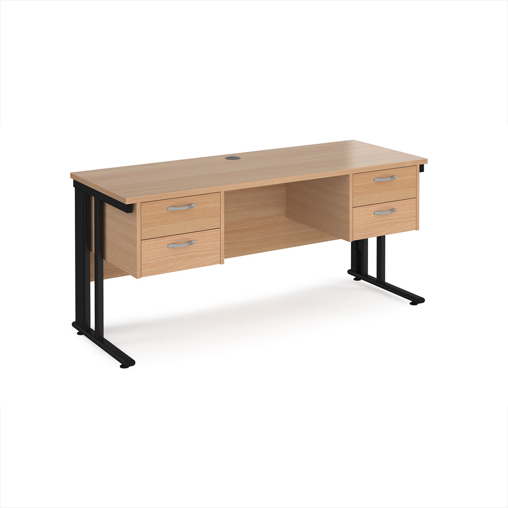 Office desk with wood-effect top, two matching pedestals and black metal legs on a white background