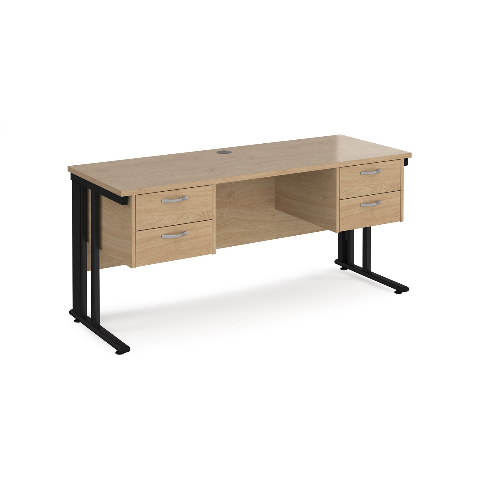 Office desk with wood-effect top, two matching pedestals and black metal legs on a white background