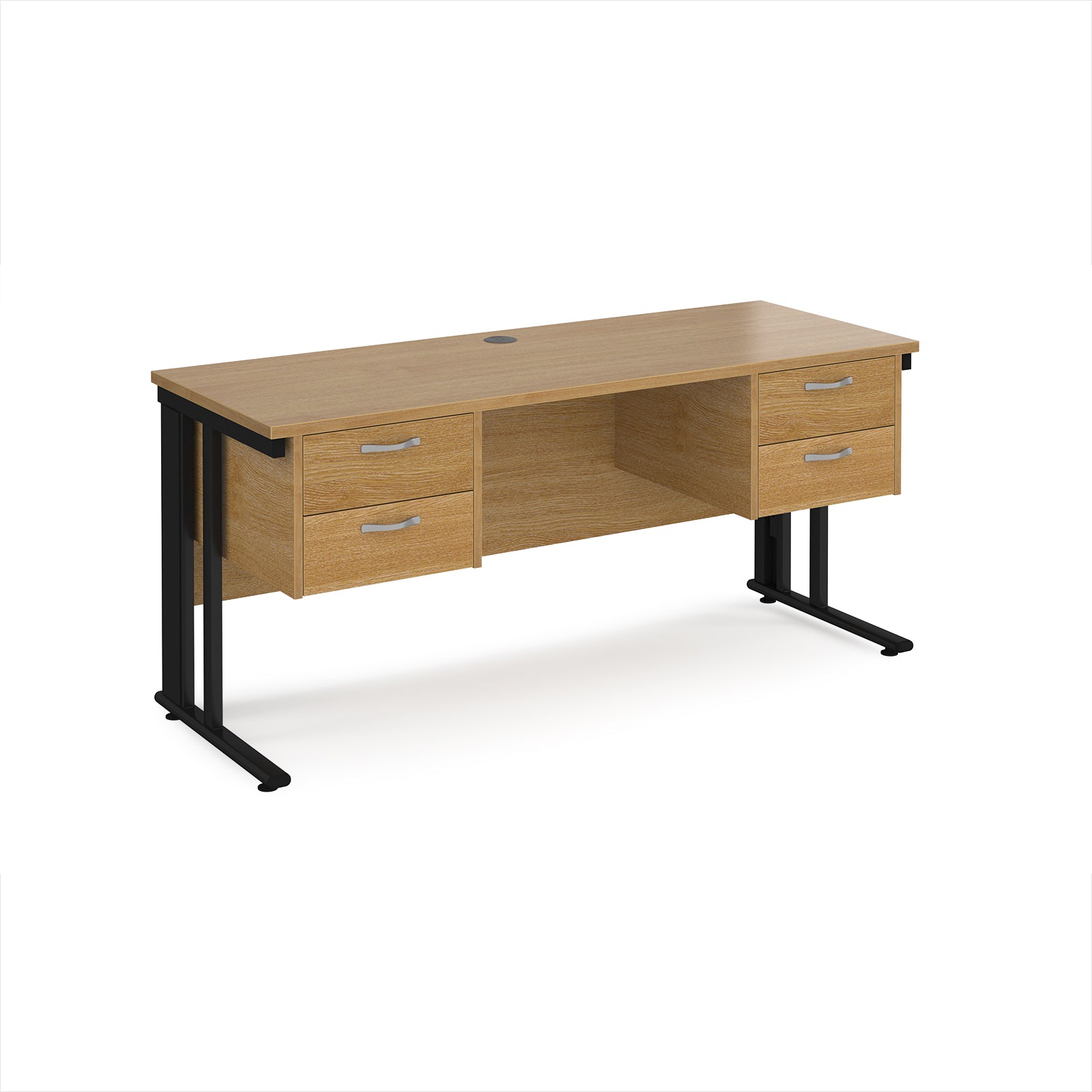 Office desk with wood-effect top, two matching pedestals and black metal legs on a white background