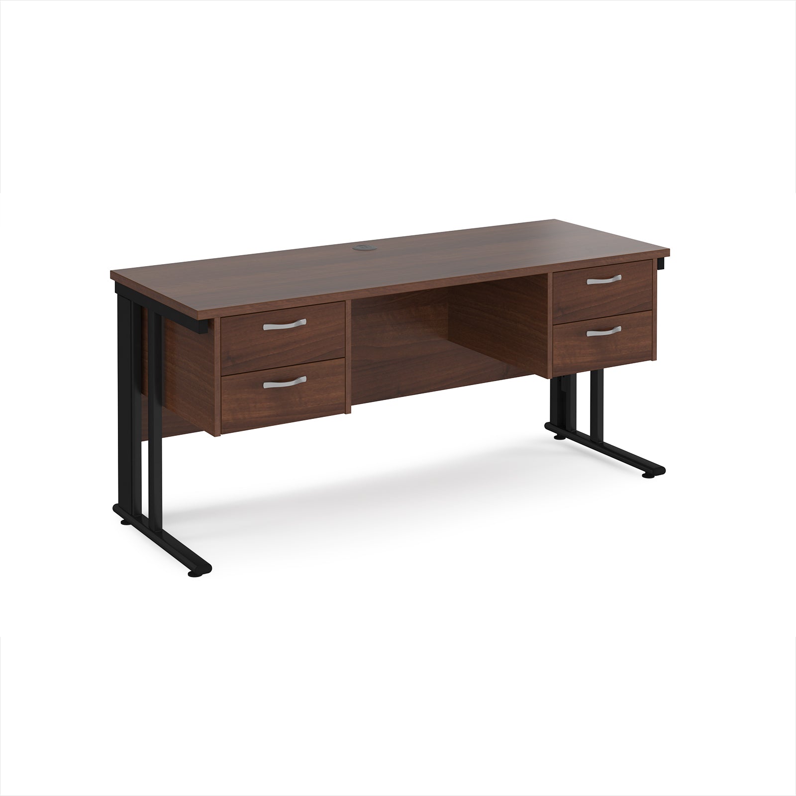 Office desk with wood-effect top, two matching pedestals and black metal legs on a white background