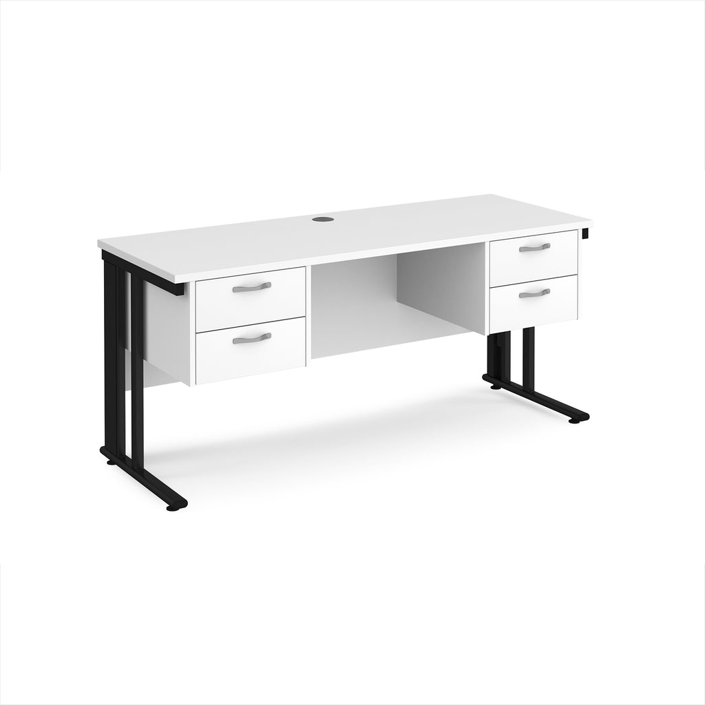 Office desk with white top, two matching pedestals and black metal legs on a white background
