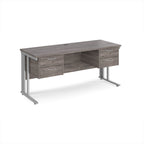Office desk with grey wood-effect top, two matching pedestals and silver metal legs on a white background