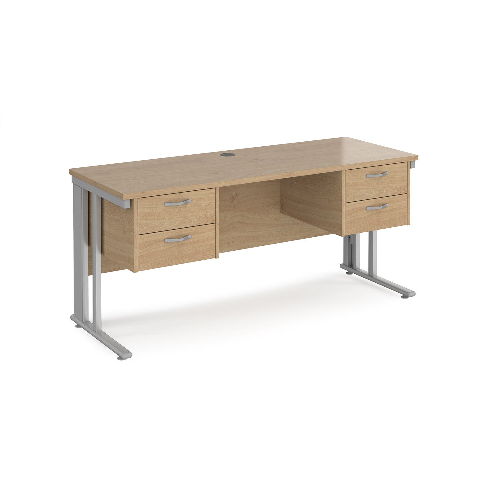 Office desk with wood-effect top, two matching pedestals and silver metal legs on a white background