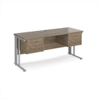 Office desk with wood-effect top, two matching pedestals and silver metal legs on a white background