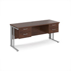 Office desk with wood-effect top, two matching pedestals and silver metal legs on a white background