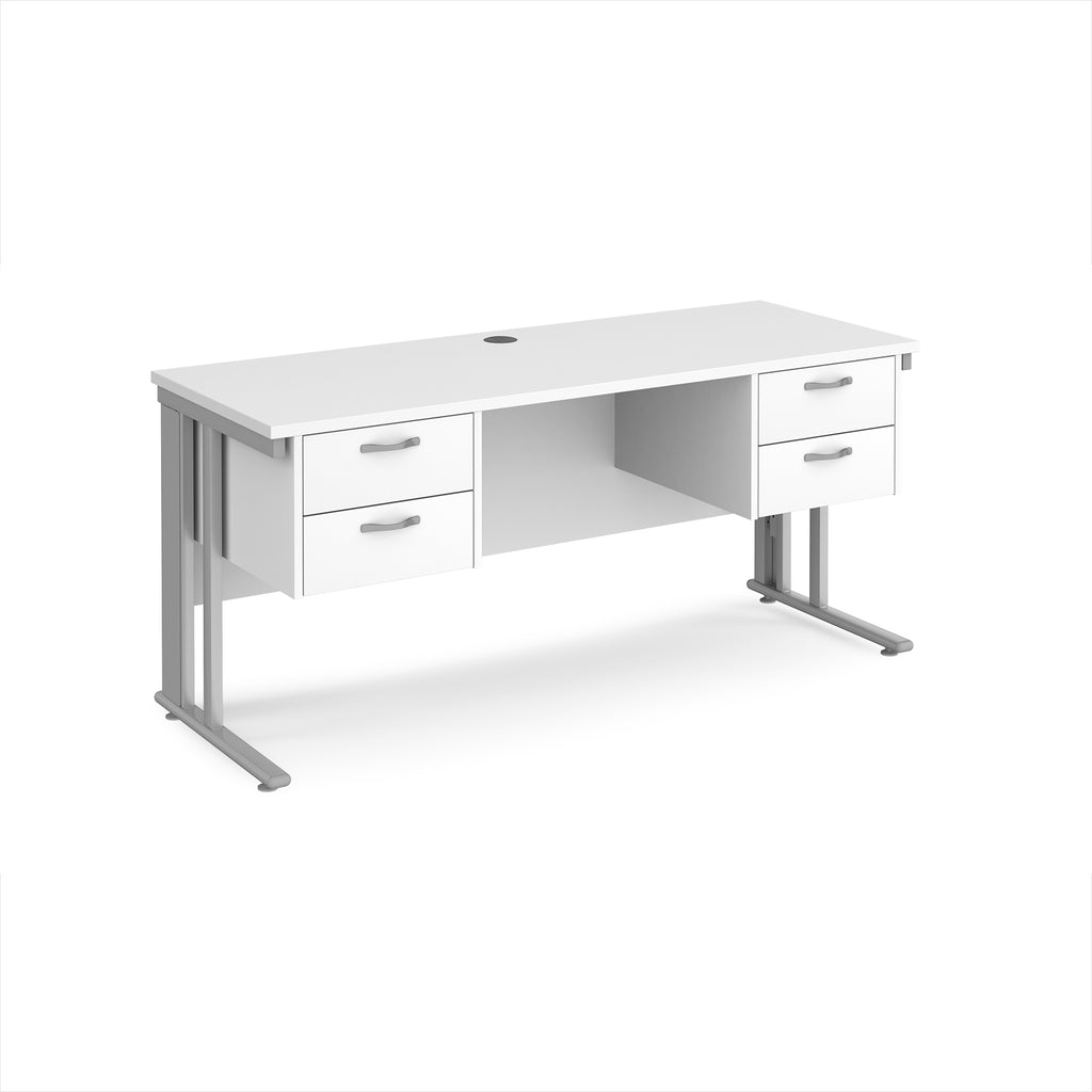 Office desk with white top, two matching pedestals and silver metal legs on a white background