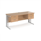 Office desk with wood-effect top, two matching pedestals and white metal legs on a white background