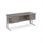 Office desk with grey wood-effect top, two matching pedestals and white metal legs on a white background