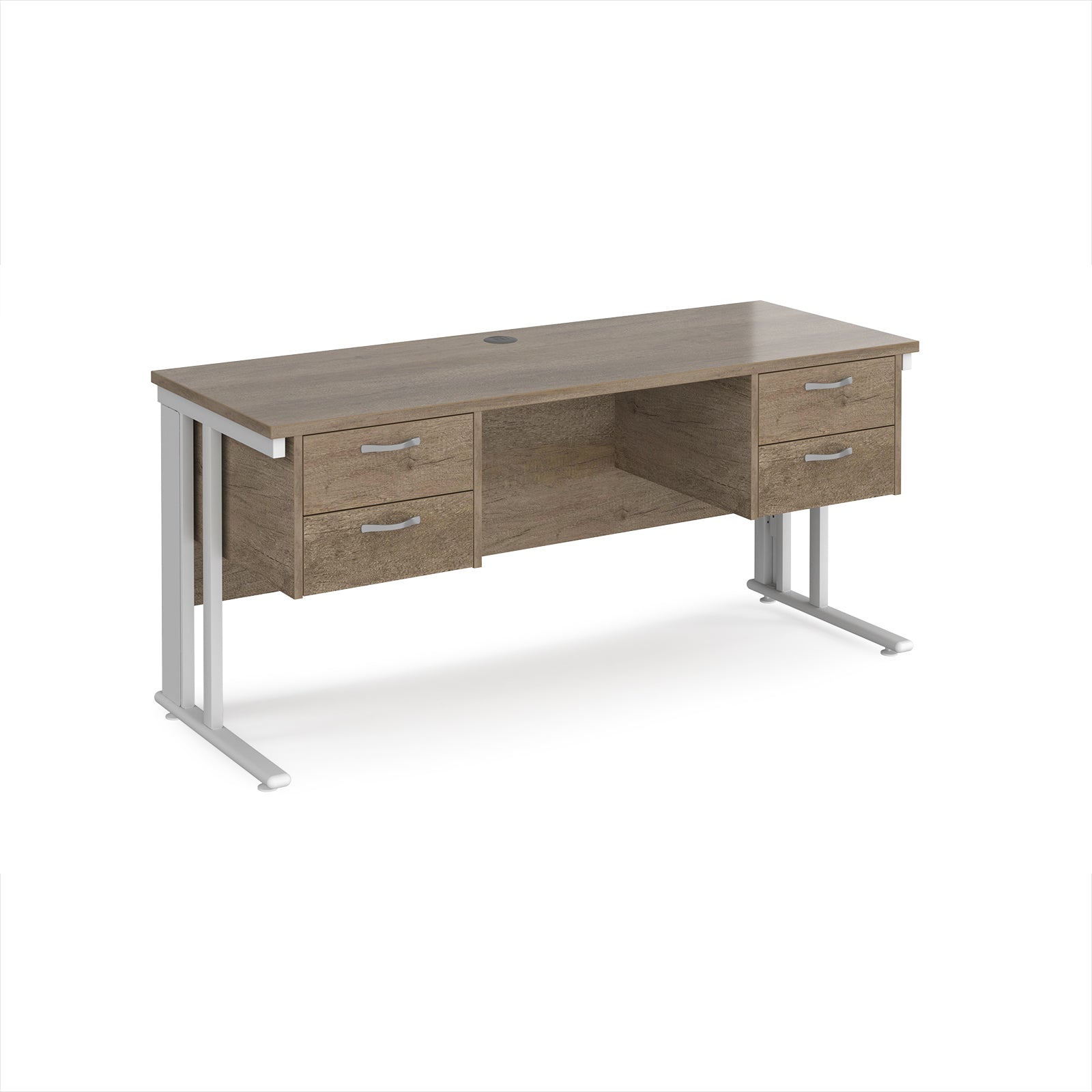 Office desk with wood-effect top, two matching pedestals and white metal legs on a white background