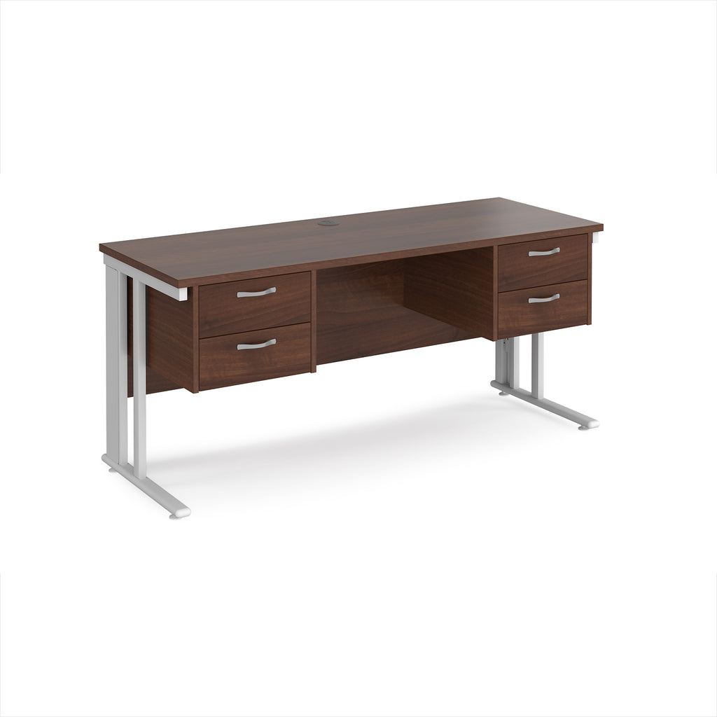 Office desk with wood-effect top, two matching pedestals and white metal legs on a white background