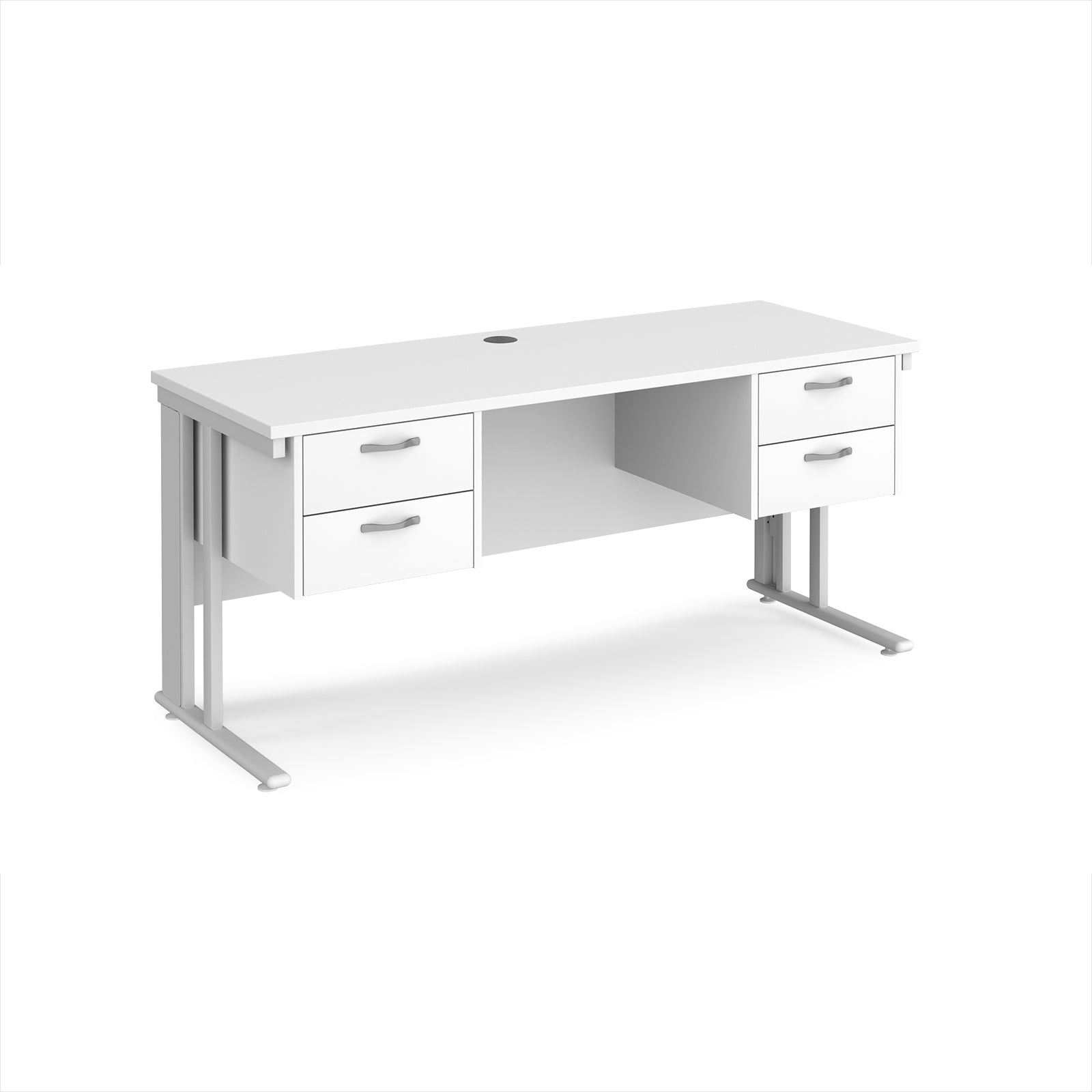White office desk with two matching pedestals and metal legs on a white background