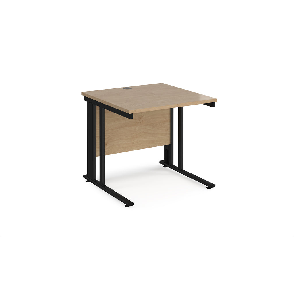 Office desk with wood-effect top and black metal legs on a white background