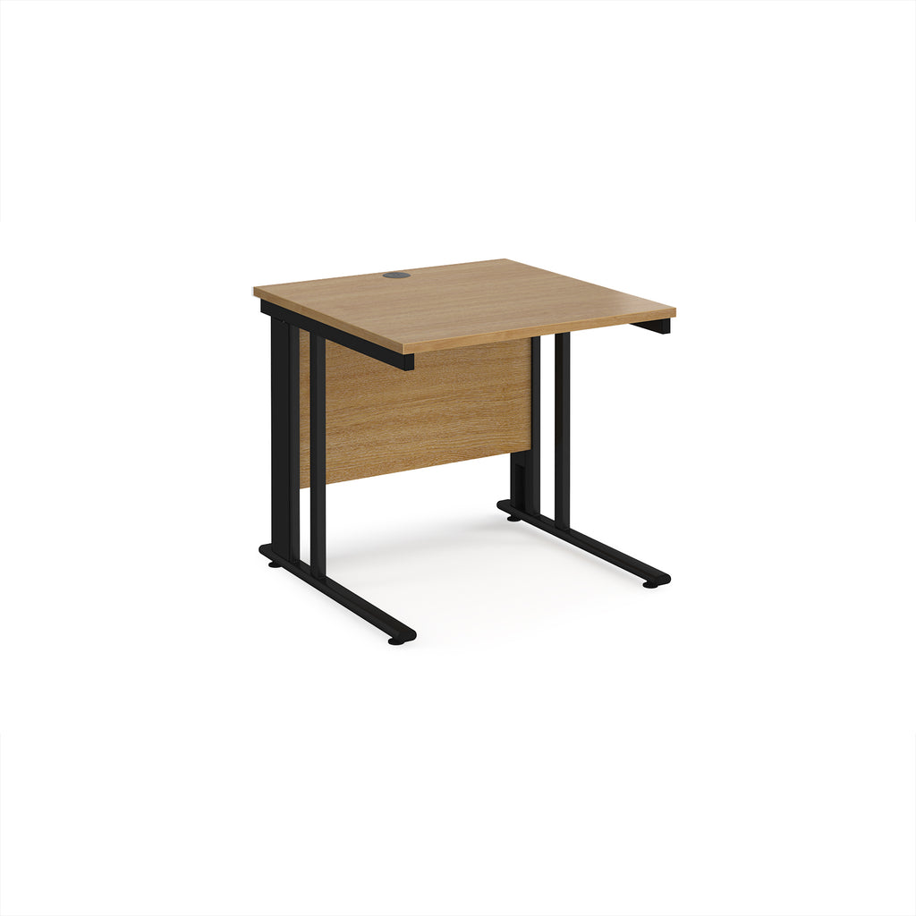 Office desk with wood-effect top and black metal legs on a white background
