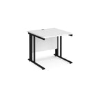 Office desk with white top and black metal legs on a white background