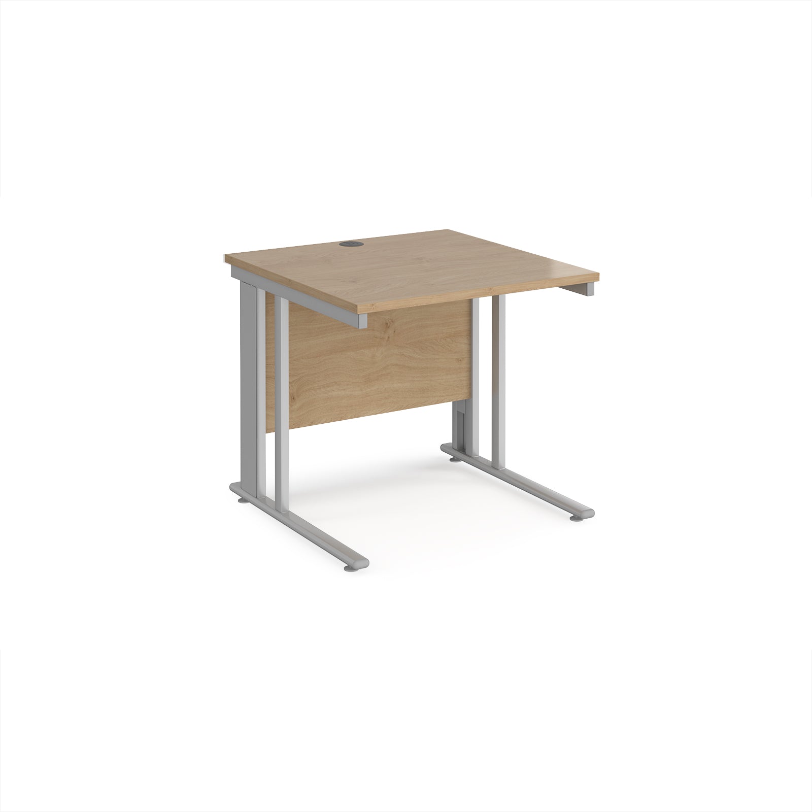 Office desk with wood-effect top and silver metal legs on a white background
