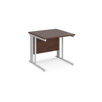 Office desk with wood-effect top and white metal legs on a white background