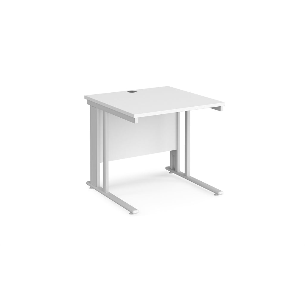 White office desk with metal legs on a white background