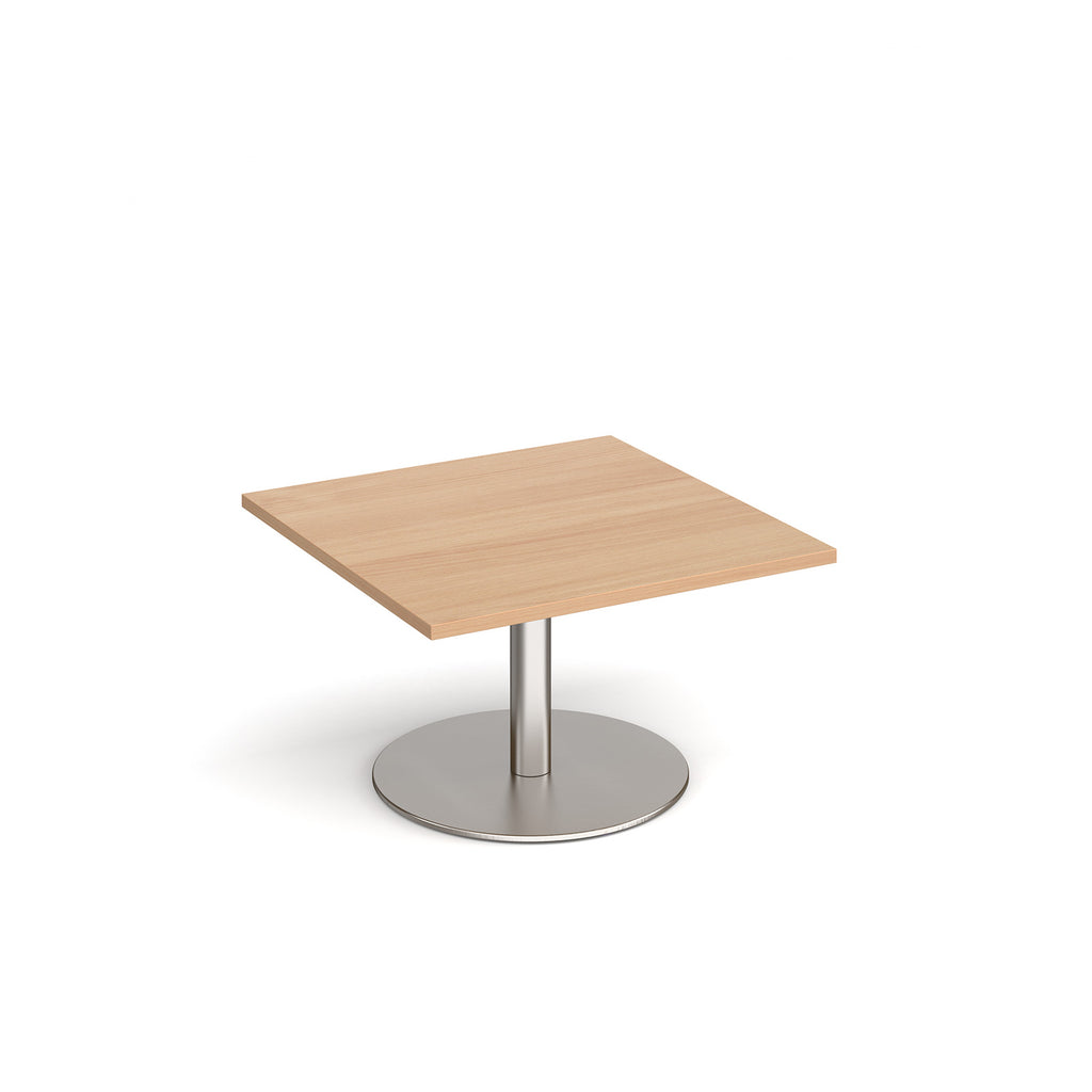Square coffee table with wood-effect top and metal round base on a white background