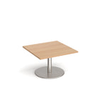 Square coffee table with wood-effect top and metal round base on a white background