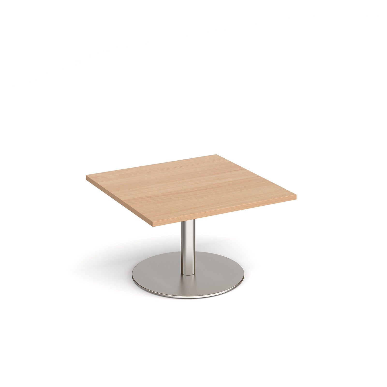 Square coffee table with wood-effect top and metal round base on a white background