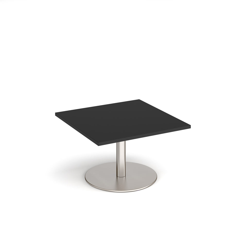 Square coffee table with black top and metal round base on a white background