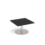 Square coffee table with black top and metal round base on a white background