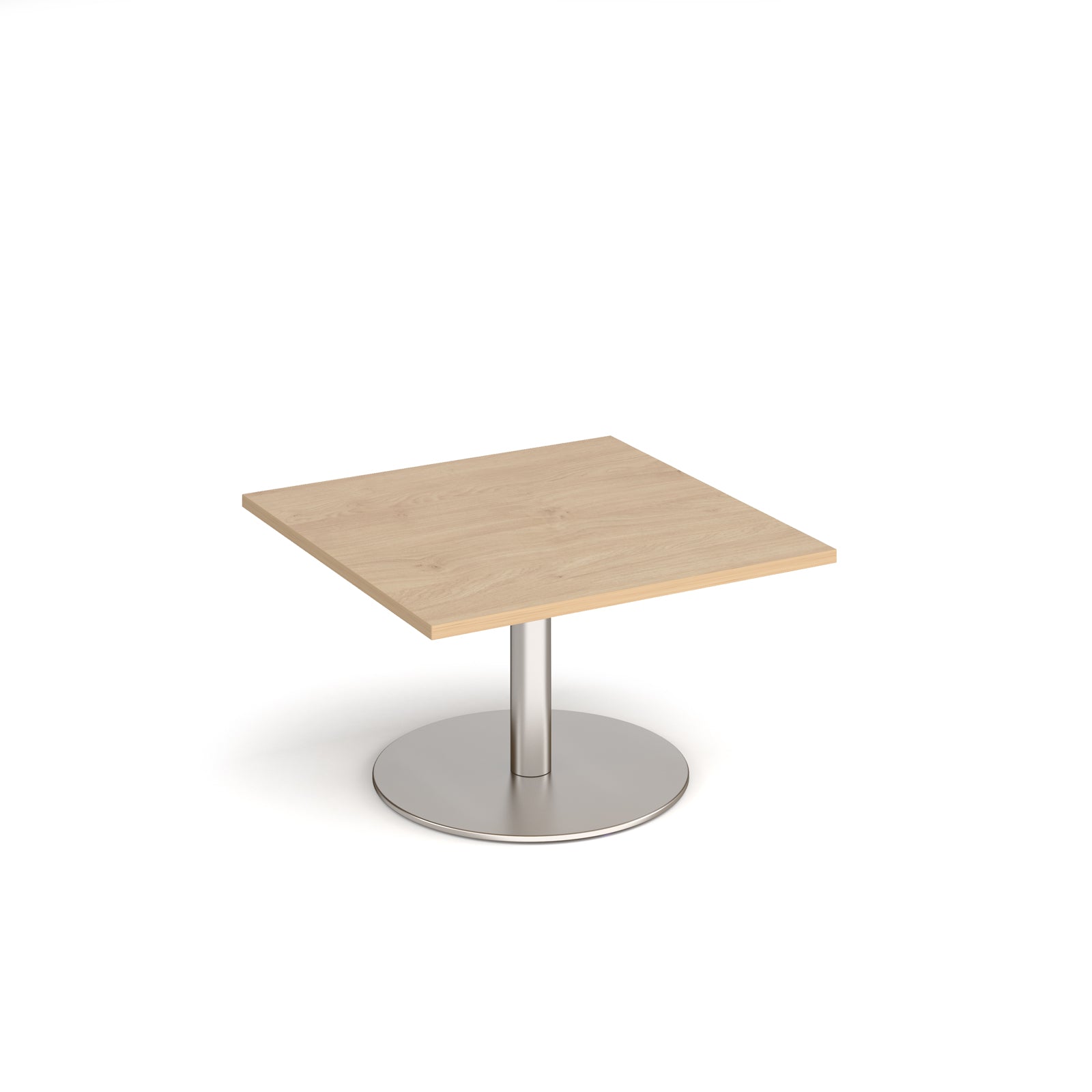 Square coffee table with wood-effect top and metal round base on a white background