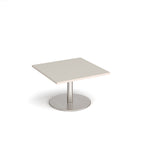 Square coffee table with light grey top and metal round base on a white background