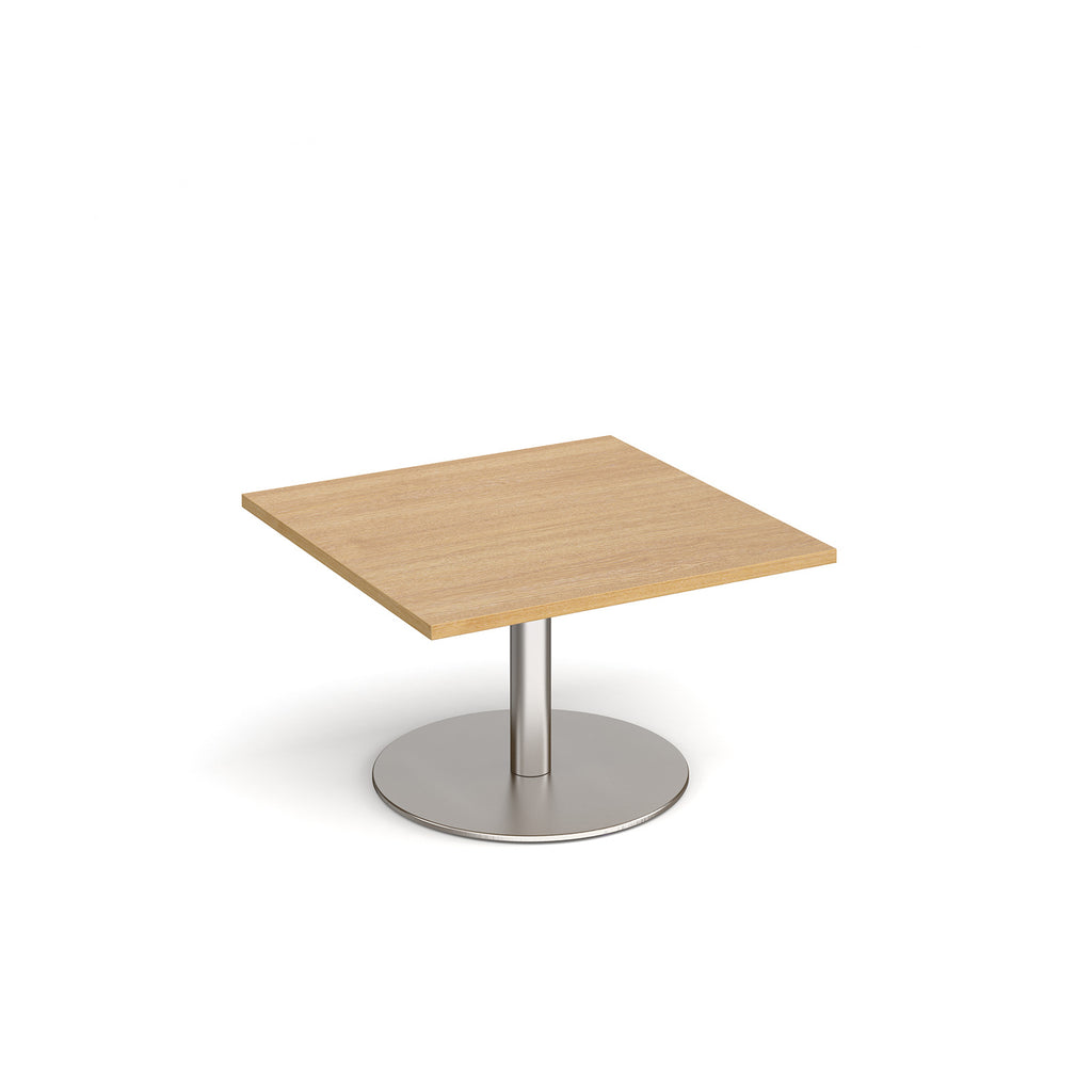 Square coffee table with wood-effect top and metal round base on a white background