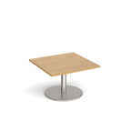 Square coffee table with wood-effect top and metal round base on a white background