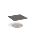 Square coffee table with a grey top and metal round base on a white background