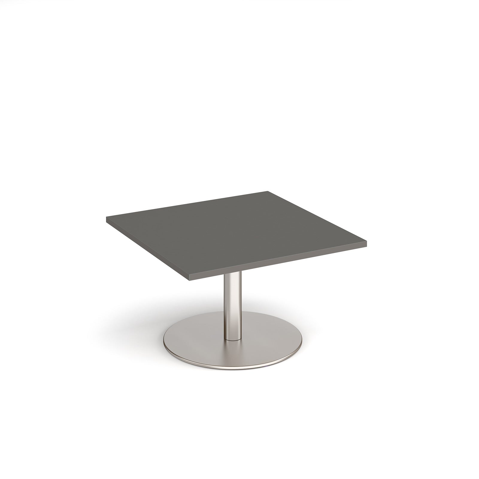 Square coffee table with a grey top and metal round base on a white background