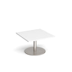 Square coffee table with white top and metal round base on a white background