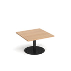Square coffee table with wood-effect top and black round base on a white background