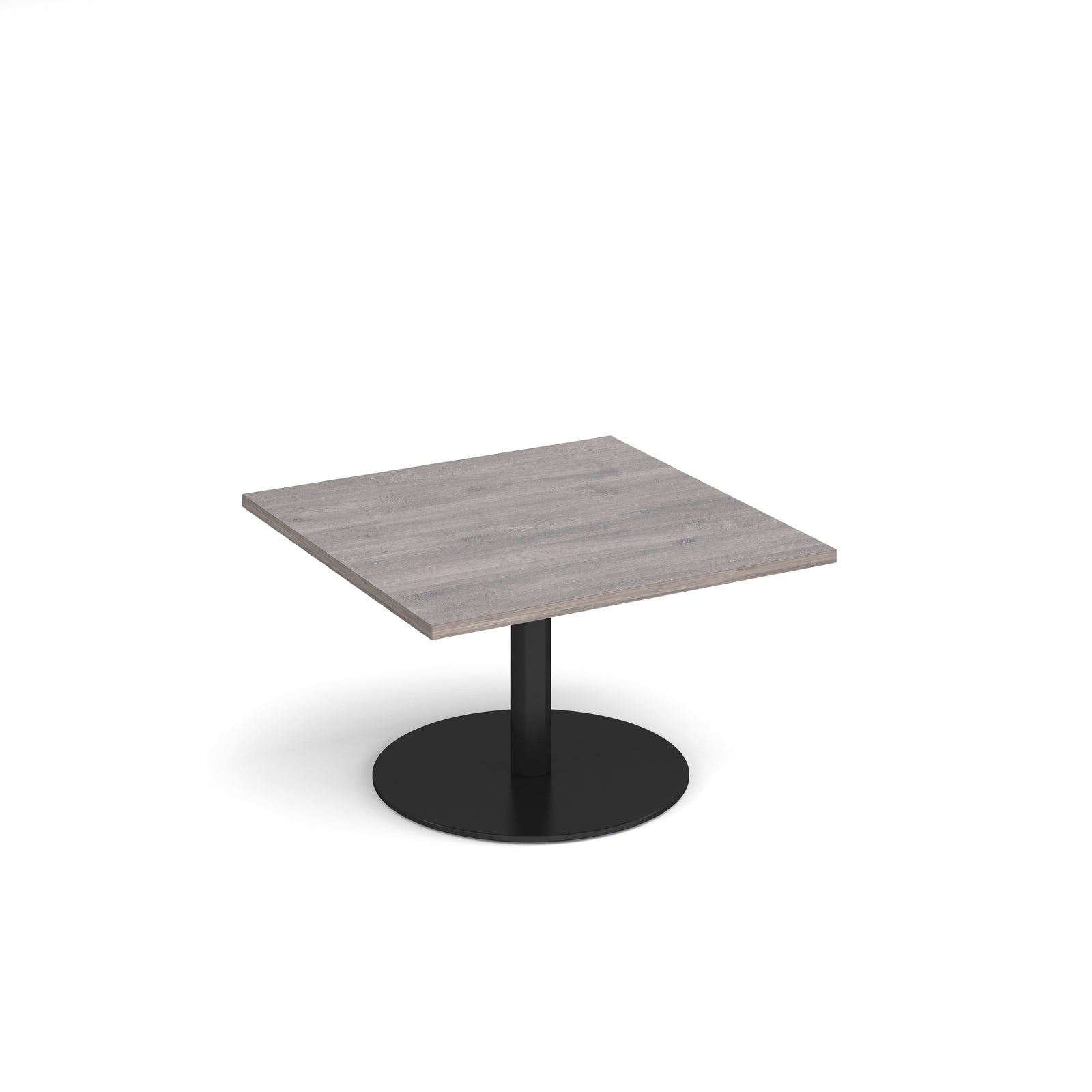 Square coffee table with a grey wood-effect top and black round base on a white background