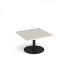 Square coffee table with a light grey top and black round base on a white background