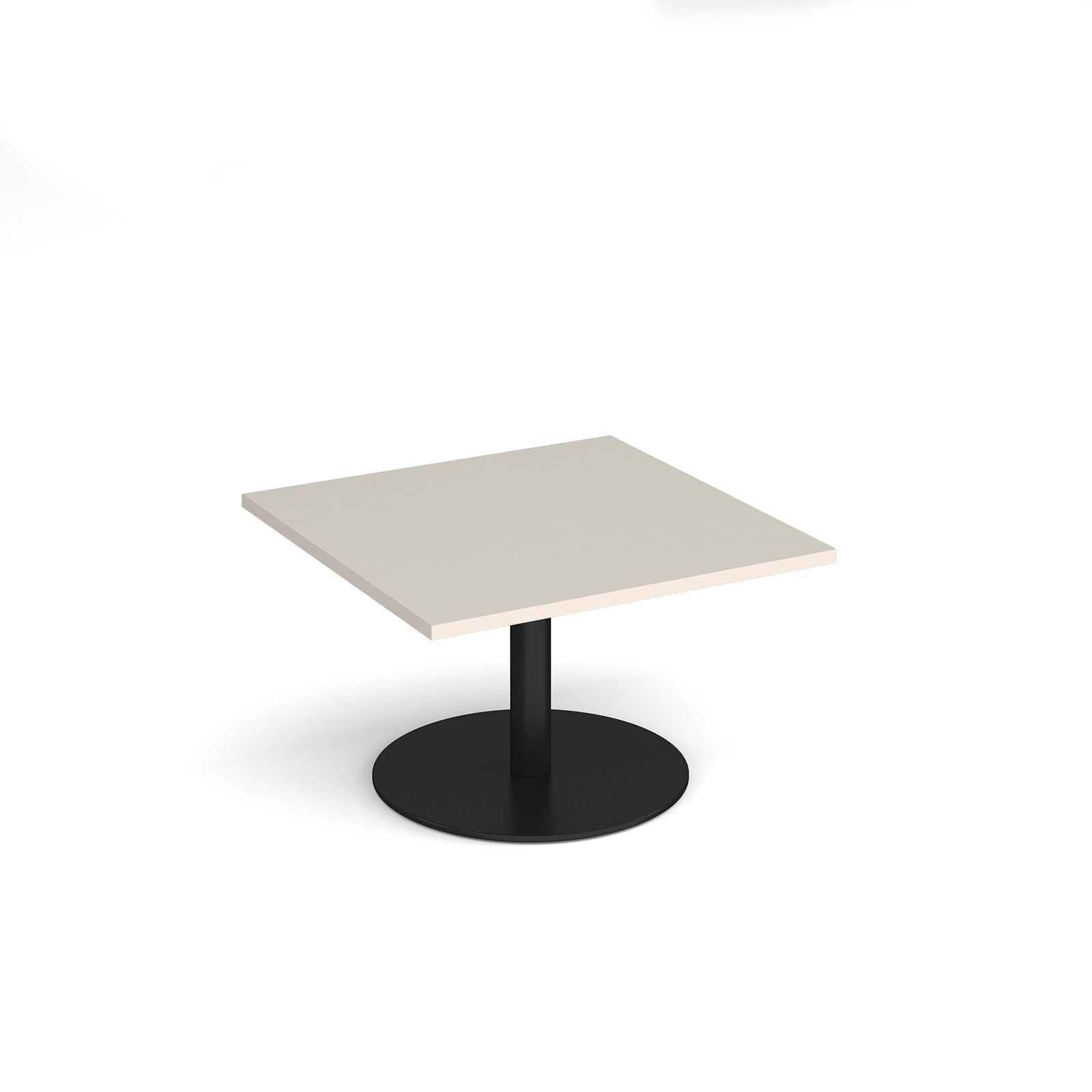 Square coffee table with a light grey top and black round base on a white background