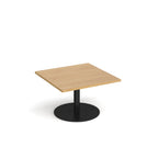 Square coffee table with wood-effect top and black round base on a white background