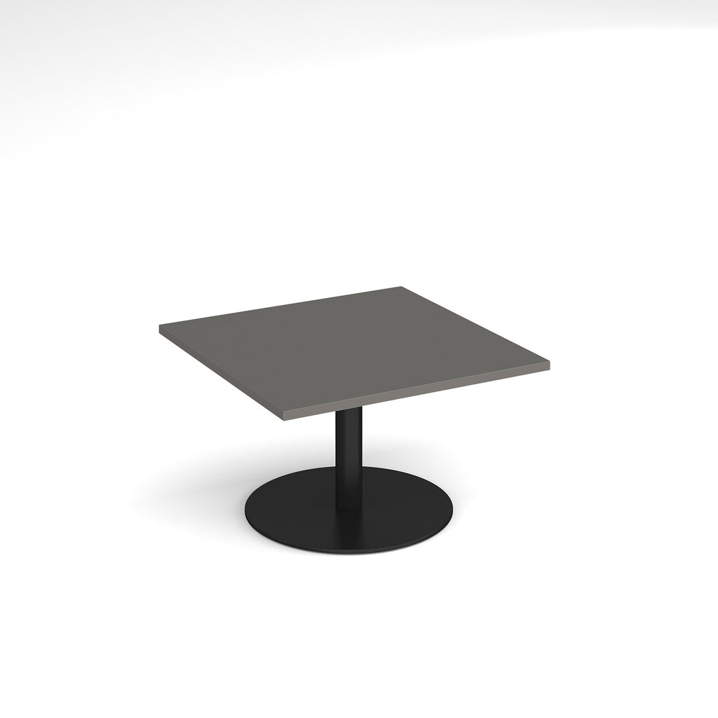 Square coffee table with a grey top and black round base on a white background