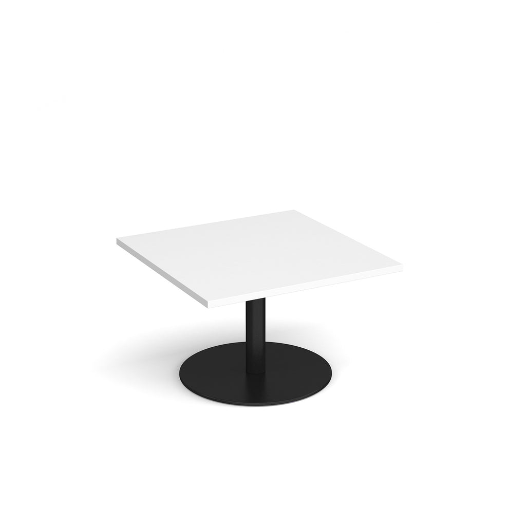 Square coffee table with a white top and black round base on a white background