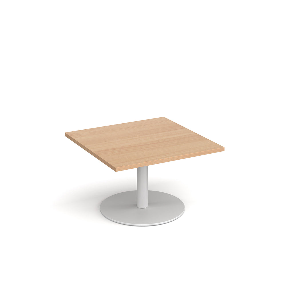 Square coffee table with wood-effect top and white round base on a white background
