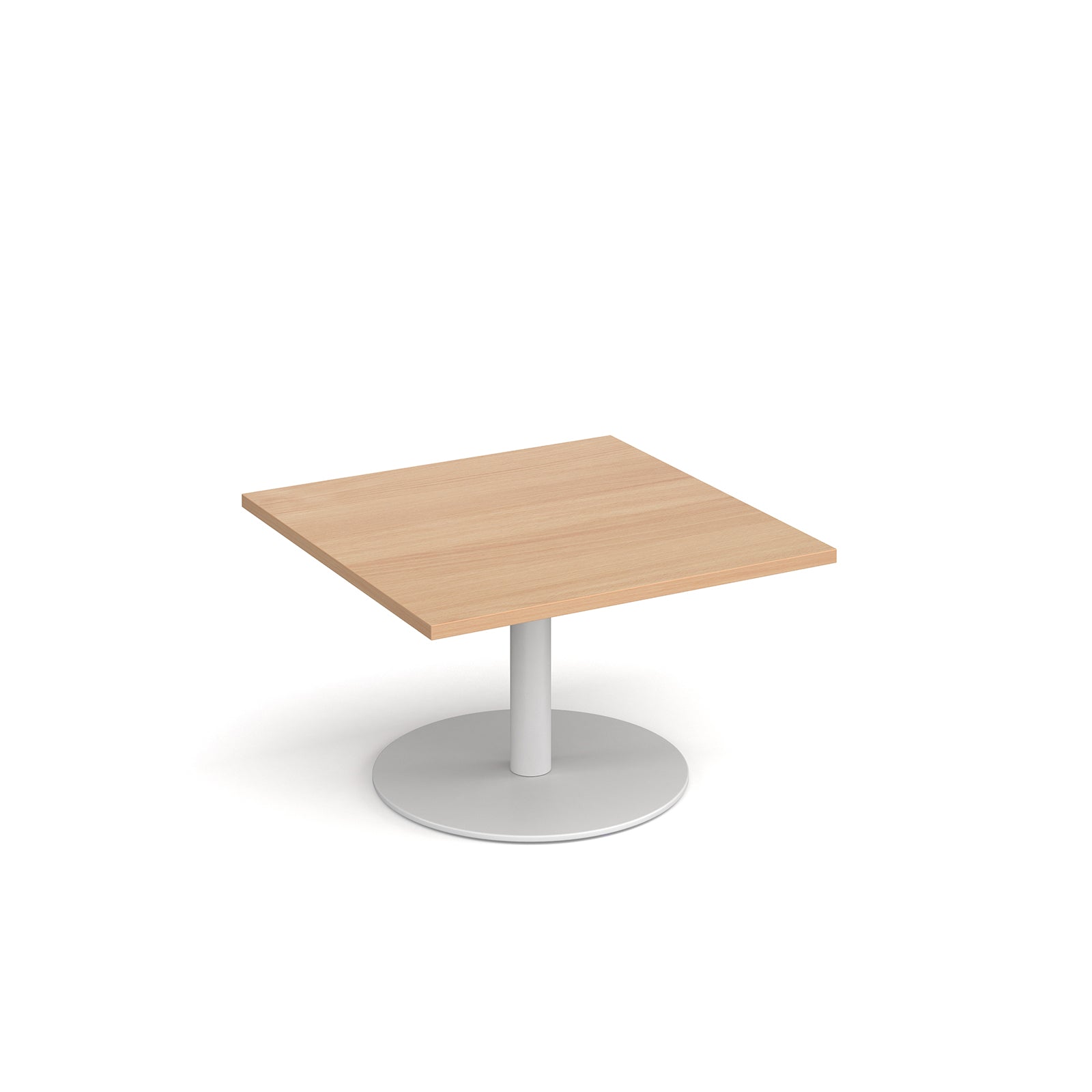 Square coffee table with wood-effect top and white round base on a white background