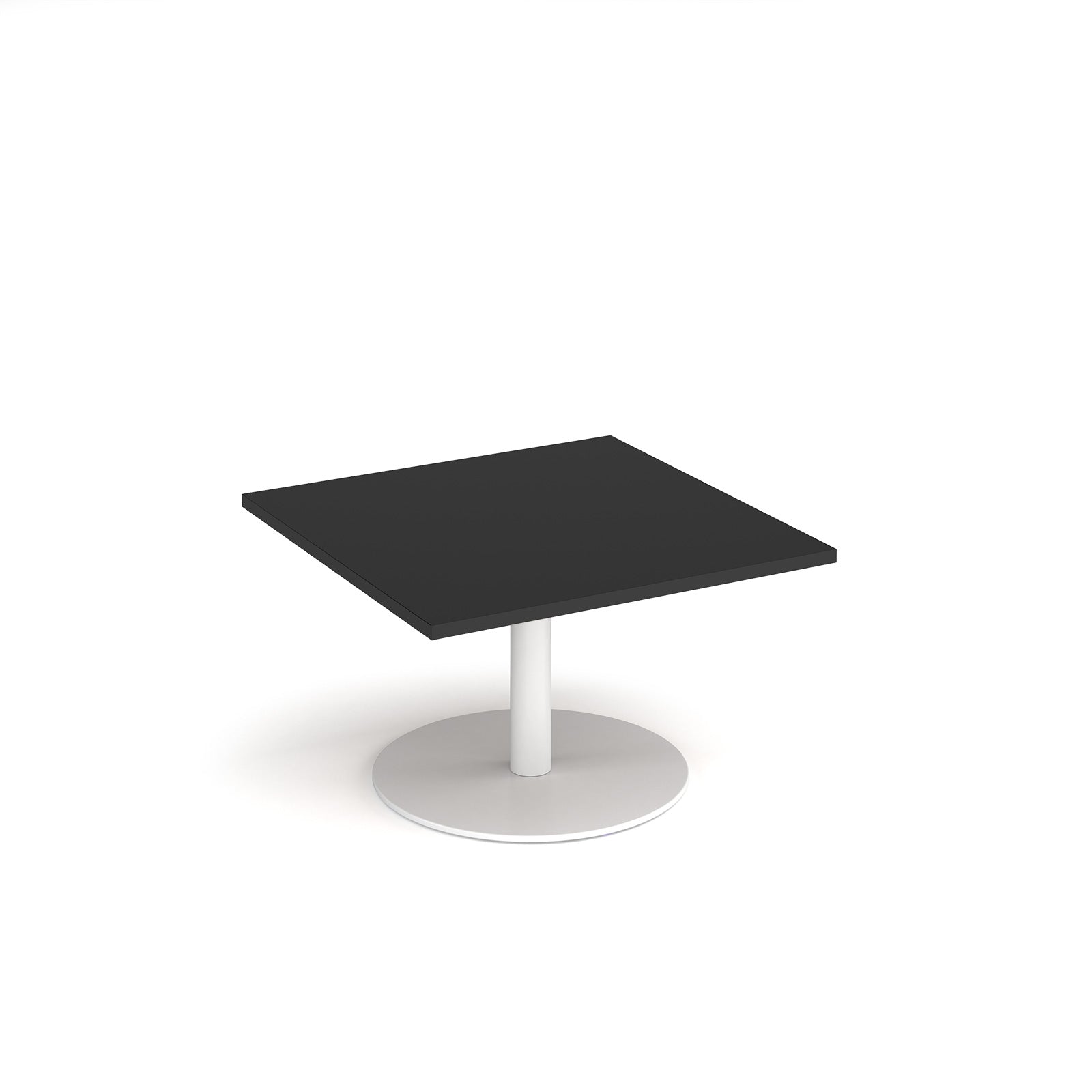 Square coffee table with a black top and white round base on a white background