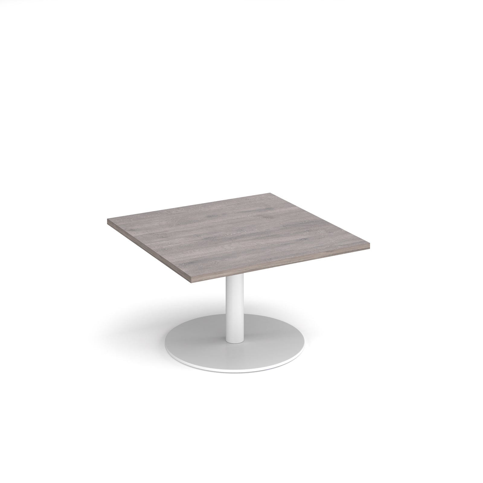 Square coffee table with grey wood-effect top and white round base on a white background