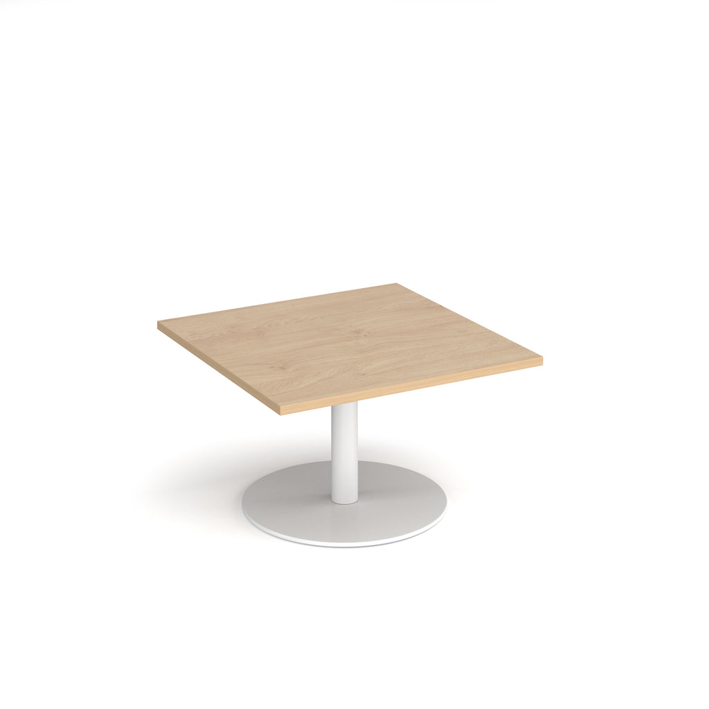 Square coffee table with wood-effect top and white round base on a white background