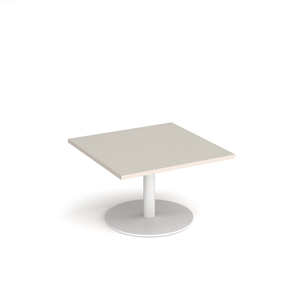Square coffee table with light grey top and white round base on a white background