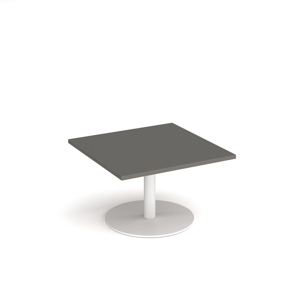 Square coffee table with grey top and white round base on a white background