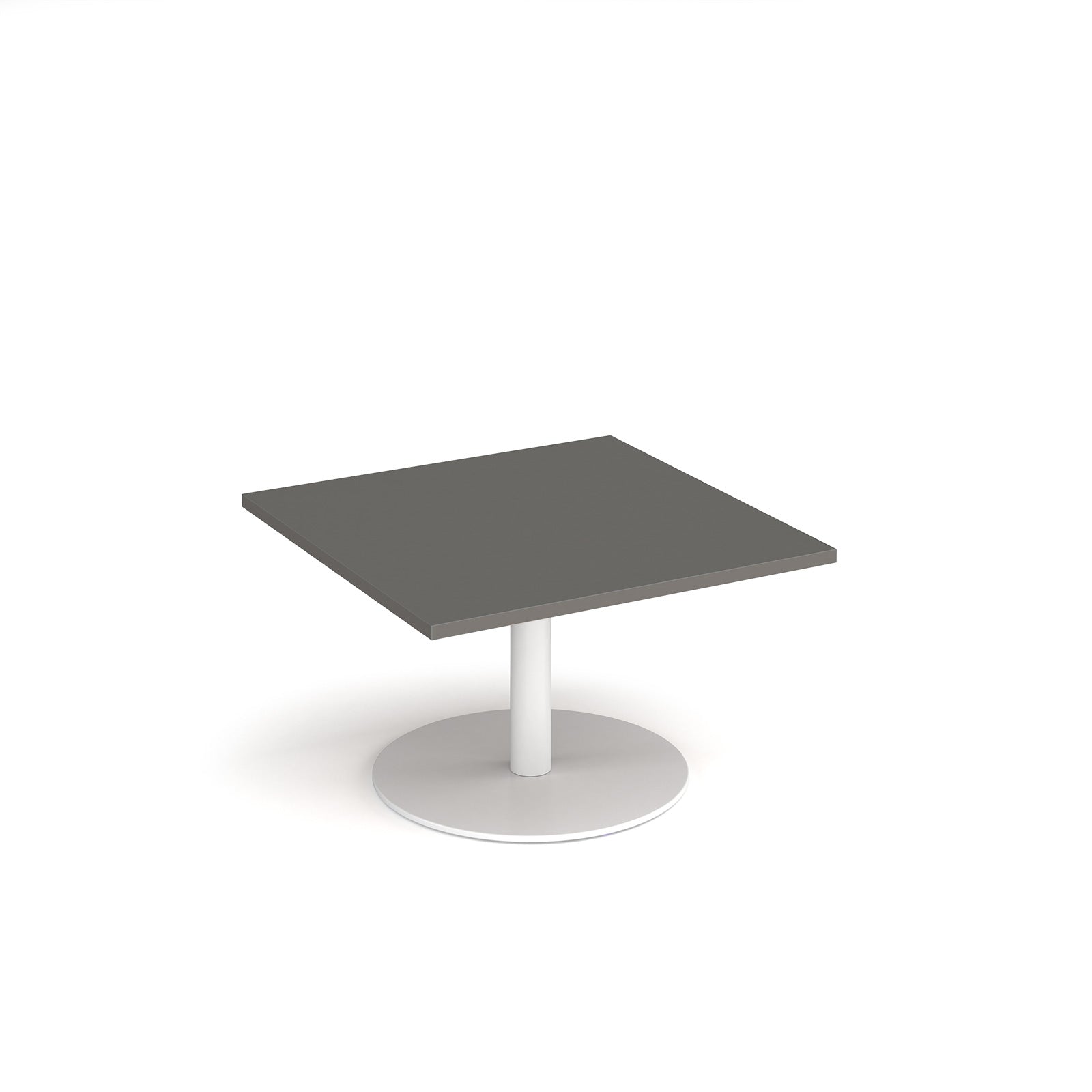Square coffee table with grey top and white round base on a white background