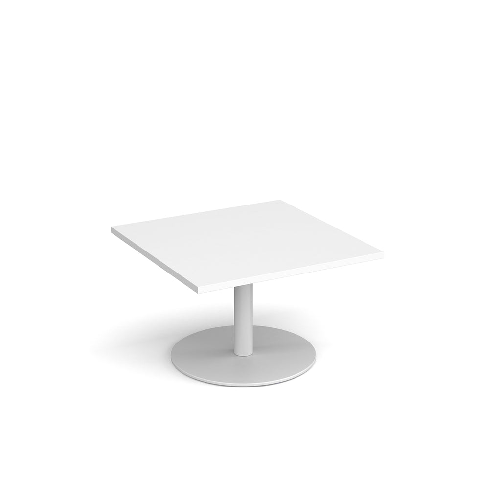 White square coffee table with a round base on a white background